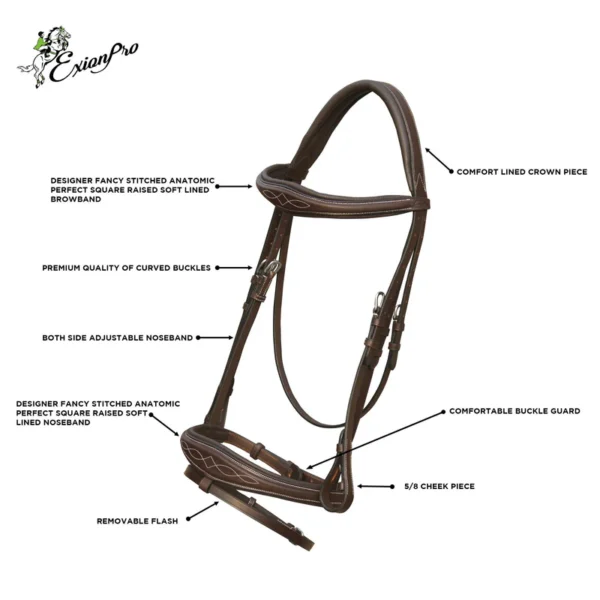 Crownpiece Fancy Stitched Raised Browband & Double Adjustable Buckle Hunter Noseband English Bridle With Reins - Image 2